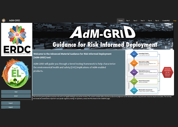 Screenshot of the AdM-GRID Guidance for Risk Informed Deployment tool. AdM-GRID will guide you through a tiered testing framework to help characterize the environmental health and safety (EHS) implications of AdM-enabled products.